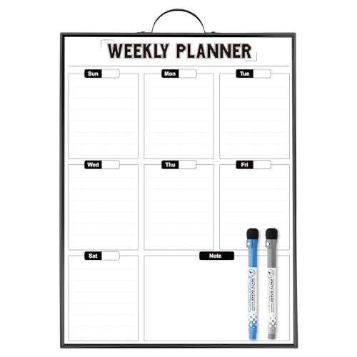 ANLIOTE Weekly Planner Whiteboard for Wall Hanging, 40x30cm Aluminum Frame Portable White Board with Handle, A3 Magnetic Calendar as Meal Planner, Shopping List, Daily Planner for Home Kitchen Office
