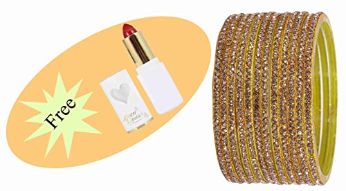 Image of NMII Glass with Zircon Gemstone and Beads Studdded Glossy Finished Traditional Bangle Set For Women and Girls