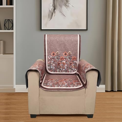 Image of Velvet Single Seater Sofa Cover with 2 Seat and Back Covers, 2 Hand Rest Covers - Floral Design - Washable Fabric - Stylish Sofa Cover for Modern Living Room (Brown, 1 Seater With Arm Cover)
