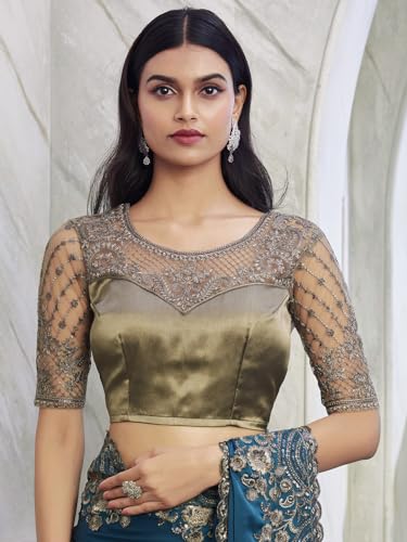 AKHILAM teal satin silk saree – image 7