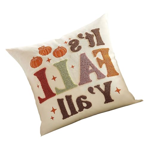 洗える秋テーマのクッションカバー カボチャと葉の刺繍付き ソフトポリエステル スローピロー リビングルーム用 パンプキン メープルリーフ 枕カバー