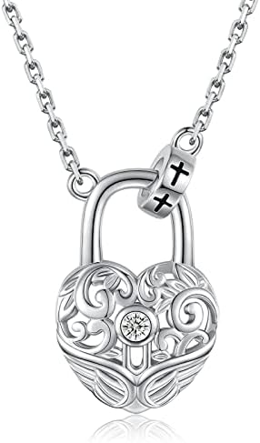 STROLLGIRL Heart Lock Necklace Collar for Women 925 Sterling Silver Lover Heart Shaped Padlock Pendant Cross Chain Gothic Jewelry Gift for Women Girls