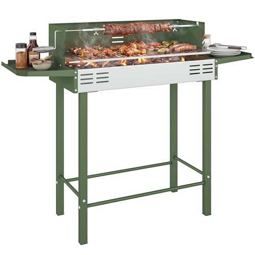 Parrilla giratoria para barbacoa Outsunny con asador de carbón para pollo y pavo, con rejilla de 3 niveles y estantes laterales plegables, acero inoxidable, verde oscuro.