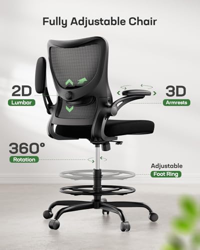 Image of Marsail Drafting Chair, Tall Office Chair with 2D Lumbar Support, Standing Desk Chair,High Office Chair with Padded Flip-Up Armrests & Adjustable Footrest Ring, Dark