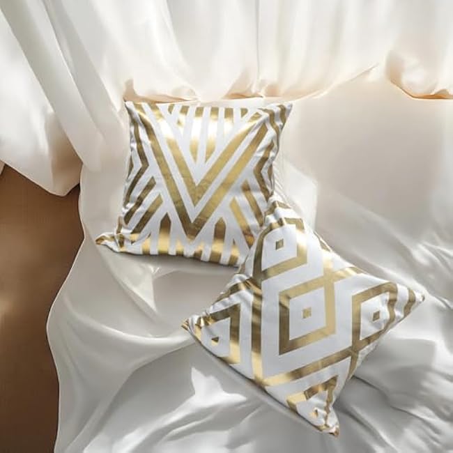 2Pcs Home Decorative Pillow Covers, Gold Foil Throw Pillow Geometric Square Cushion Covers Decor 18x18 inch Living Room Home Room Decor for Car Bed Couch (White and Gold)