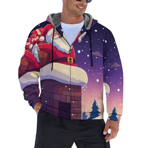 Sweat à capuche zippé pour homme avec motif Père Noël grimpant à la cheminée pour hiver