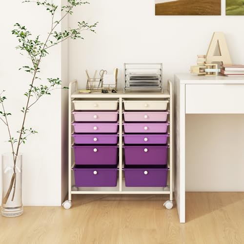 Image of LDAILY 12 Drawer Rolling Storage Cart, Craft Cart Organizer on Wheels with Metal Frame, Large Capacity & Smooth Drawers for Living Room, Classroom, Office (Gradient Purple)