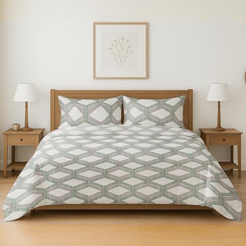 BESCH Colcha Boutis para Primavera y Verano con Diseño Hexágono 218x250cm + 2 Funda Cojin 50x90 cm Tamaño King - Cubrecama Ligera Fina Entretiempo Extra Suave y Transpirable