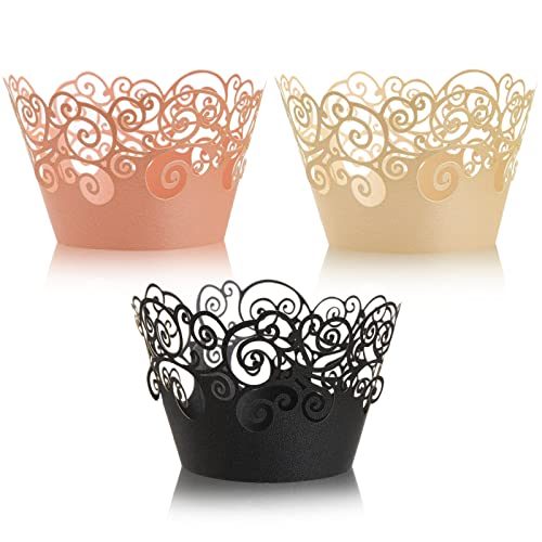 Lyellfe 150 Pieces Lace Cupcake Wrappers, Vine Lace Cupcake Liners, Laser Cut Wedding Cupcake Liners For Birthday, Bridal Shower And Special Occasions, Black, Pink, Beige #TOP7