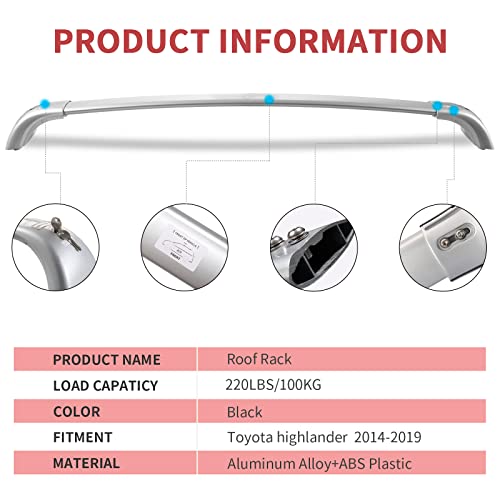 Heavy Duty 220Lbs Lockable Cross Bars Roof Racks For Toyota Highlander 2014-2019 Xle Limited & Se Le & Le Plus, Silver Aluminum Crossbar Anti-Theft Metal Lock Keys Non-Corrosion #TOP7