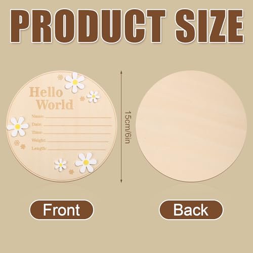 Baby Announcement Sign, 6 Inch Diameter Round Wooden Hello World Sign for Newborn Baby Birth Announcement Sign New Baby Sign Baby Welcome Sign for Girls Boys Hospital Nursery Home Decor - Image 3