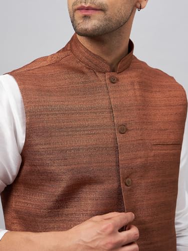 Image of VASTRAMAY Men's Matka Silk Nehru Jacket Kurta Pyjama Set - Textured Silk Blend Ethnic Wear for Eid, Weddings & Festive Occasions
