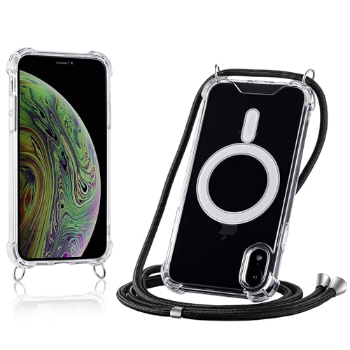 JProtect für iPhone XR Hülle mit Band und MagSafe – Magnetische Handykette für iPhone XR Magnet – Durchsichtige Umhängehülle Band Schwarz – Kette Handyhülle für MagSafe Zubehör