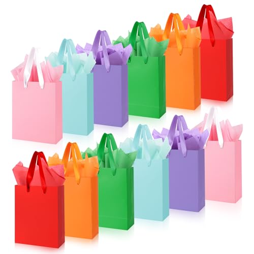 Ethhqu 12-Pack Small Gift Bags with Handles - Includes 24 Tissue Papers 6.3x4.7x2.4 Inches Mini Gift Card Bag for Birthday Party Baby Shower Wedding Holiday