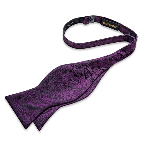 Image of DiBanGu Silk Bow Ties for Men Striped Solid Paisley Self Bowtie and Pocket Square Cufflinks Formal Tuxedo Bowtie Set Wedding, Purple Paisley