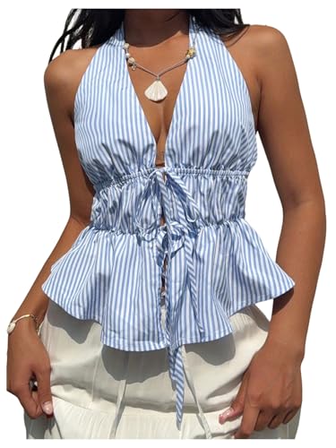Milumia Women's Striped Tie Bow Front Halter Top Sleeveless Ruched Ruffle Hem Tank Tops