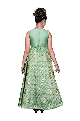 Image of Sky Heights Girl's Silk Slend Fit and Flare Maxi Wedding Dress (ZB Print Green38 Green 13-14 Years)