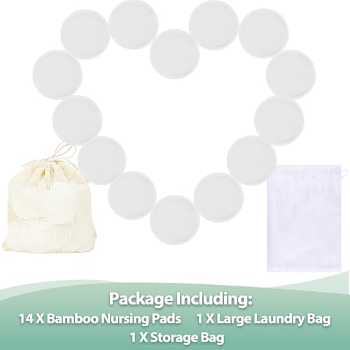 Image of wegreeco Nursing Breast Pads (14 Pack) + Laundry Bag & Travel Storage Bag, 4.7 inch Option - Washable & Reusable Breastfeeding Nursing Pads (White, Plain Shape)