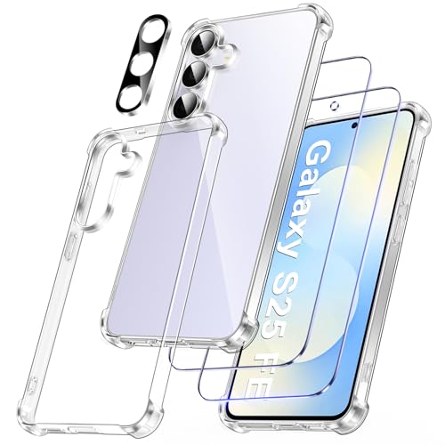 FLLAO 5 in 1 Phone Case Compatible with Samsung Galaxy S25 FE Case with 2 Screen Protector and 1 Camera Lens Protector, Slim Soft TPU Shockproof Samsung S25 FE 5G Phone Case Silicone Clear