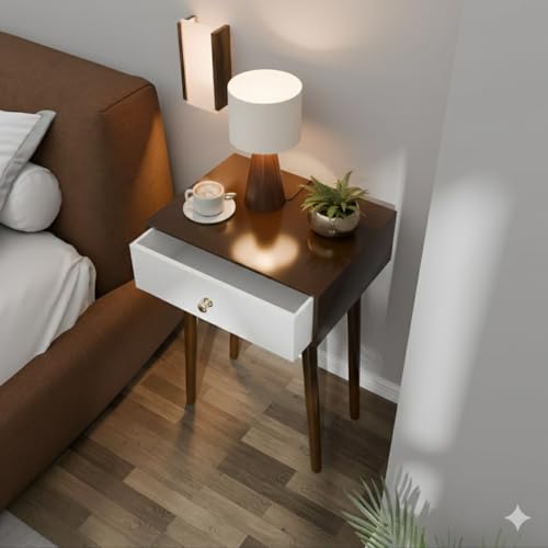 Image of Shoppee Wooden Antique 1- Drawer Wood Side Table Accent End Table for Living Room Solid Wood Leg Classic Bedside Table Nightstand for Bedroom (Walnut & White)