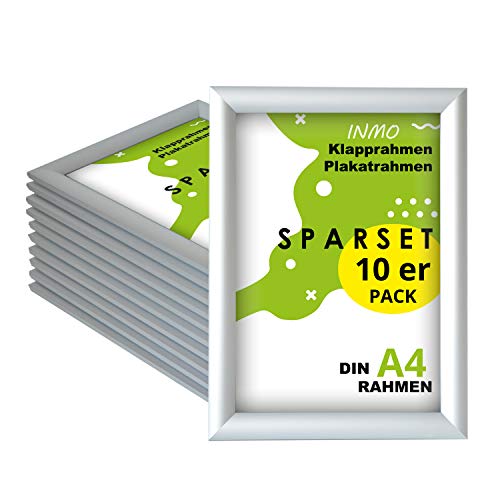 INMO Alu-Klapprahmen DIN A4 10 Stück mit Aluminium Profil ohne Glas - Klappbarer Bilderrahmen Silber - Fotorahmen für Bilder, Poster, Plakate - 23,80 x 32,50 cm Urkundenrahmen