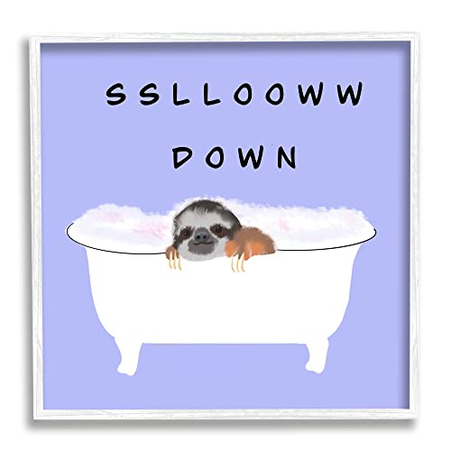 Image of 'Slow Down Baby Sloth Bubble Bath Lavender'| Framed Giclee Art | Stupell Industries | White, 17 x 17 Inches, Easy to Hang and Sturdy, Made in USA, by Ashley Singleton