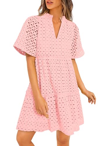 PRETTYGARDEN Eyelet Dresses for Women 2026 Summer Short Sleeve V Neck Hollow Out Ruffle A Line Boho Beach Vacation Mini Dress (Pink,Small)