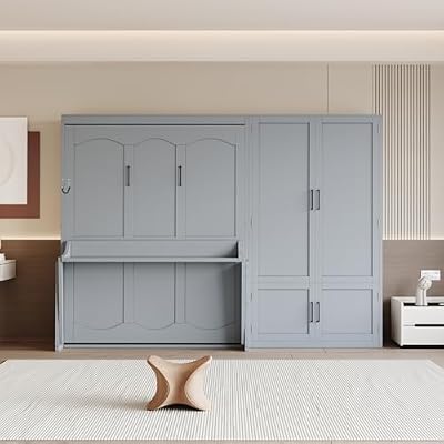 Queen Size Murphy Bed with Side Wardrobe, Space Saving Wall Bed Cabinet