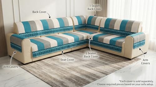 Image of Velvet L Shape 2+2 (4 Seater) Sofa Cover Fully Covered | Anti Skid Non Slip | Printed Aqua Blue | Washable Furniture Protector