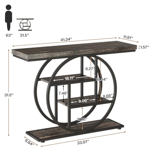Image of Tribesigns 41.3 inch Console Table, Industrial 4-Tier Sofa Table Entryway Table with Circle Base, Narrow Wood Accent Tables with Storage Shelves for Living Room, Hallway, Foyer, Charcoal Black