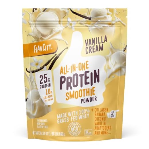 FlavCity Grass Fed Whey Protein Powder - Vanilla Smoothie - 25g Protein & 10g Collagen - Made with Real Vanilla Bean & Organic Coconut Milk - Gluten Free & No Added Sugars (20 Servings)