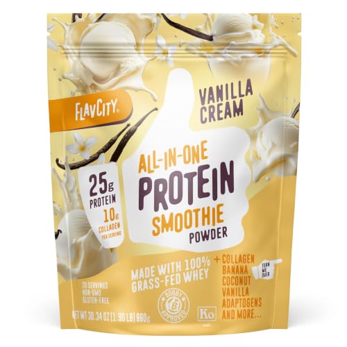 FlavCity Vanilla All in One Protein Shake Powder - On the Go Meal Alternative + Collagen Peptides, Reishi & Cordyceps - Focus, Skin, Hair & Joint Support - 100% Grass Fed Whey, 20 Servings