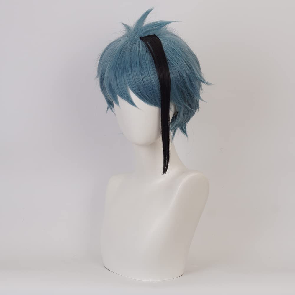 Dark Blue Left Highlight Black Short Wig Heat Resistant Synthetic Universal Costume Hairs for Women Men Halloween Chiristmas Comic Con Replacement Wigs - Image 4
