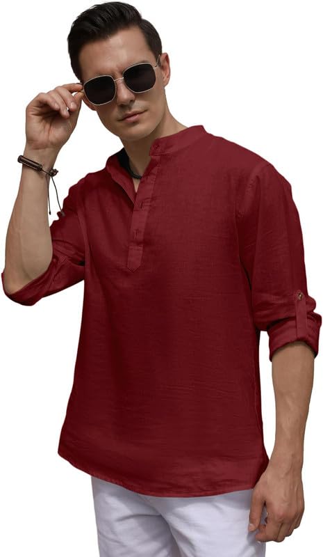 Image of ROYALSCOUT Men's Cotton Blend Casual Short Kurta Shirt with Notch Neck and Button Detail | Full Sleeve Straight Fit Lightweight Ethnic Top for Summer