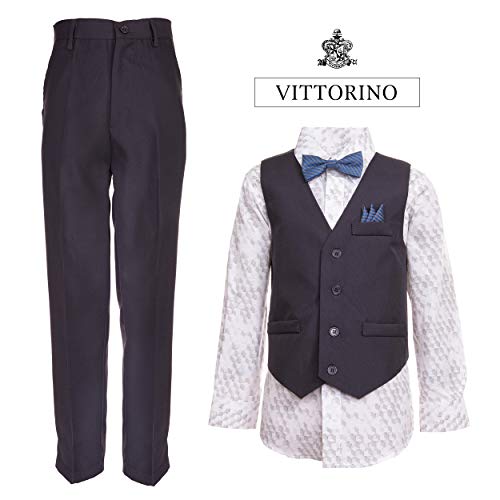 Image of Vittorino Boys 4 Piece Suit Set with Vest, Dress Shirt, Bow Tie, Pants & Pocket Square | Big & Little Kids Formal Apparel