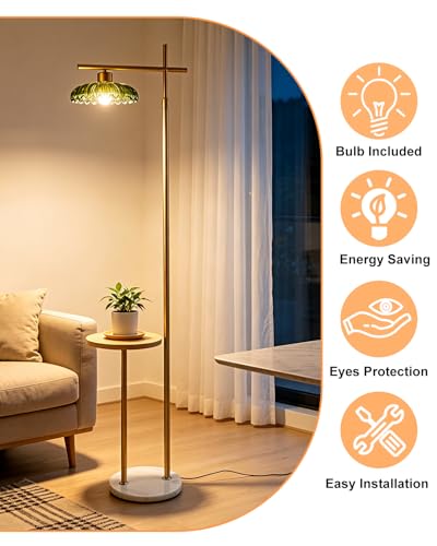 Image of Lightdot Glass Floor Lamp with Table, Gold Standing Lamp with Green Umbrella Glass Shade, Dimmable LED Floor Lamp with Marble Base for Living Room Bedroom, Bulb Included