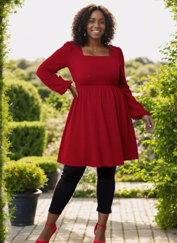 Womens Babydoll Dresses Square Neck Long Sleeve Knee Length Flowy Swing Shirring Mini Dresses Fall Dress4