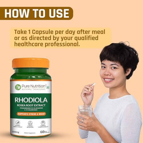 Image of Pure Nutrition Rhodiola Rosea Root Extract (500mg) - 60 Veg Capsules | Standardized to 3% Rosavins & 1% Salidroside | Supports Energy, Focus, Relaxation & Cognitive Health