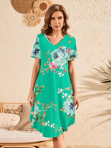Image of DEARCASE Summer Dresses for Women V-Neck Short Sleeve T Shirt Dress Casual Flowy Swing Beach Vacation Mini Sundress