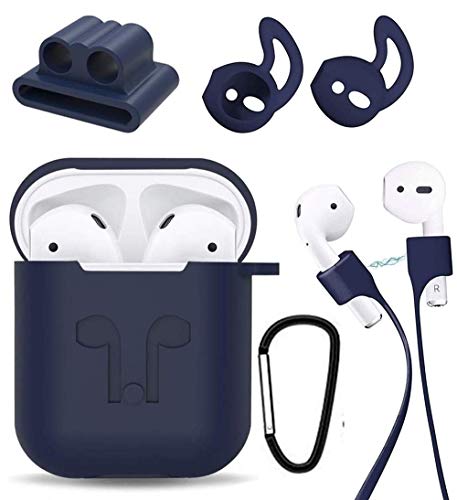 Sounce Premium Silicone Soft Case with Keychain for AirPods 2 & 1, [5-in-1 Set Sleeve Skin Cover with Anti Lost Strap + Keychain + Earplug + Strap Holder] [AirPods Not Included] [Blue]