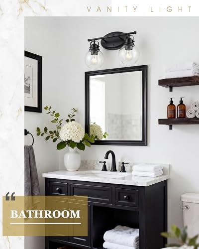 Image of Black Bathroom Light Fixtures, 2-Light 14 inch Vanity Lights with Clear Globe Glass Shades, Farmhouse Vintage Vanity Lighting Fixtures Over Mirror, E26 Base, AD-2147-2W-BK