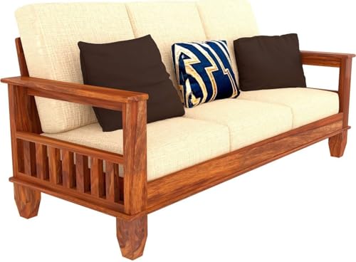 Image of Solid Sheesham Wood 5 Seater Sofa Set with Center Table for Living Room | Wooden 3+1+1 Sofa Set with Coffee Table for Home | Five Seater Sofas with Storage & Cream Cushion | Honey