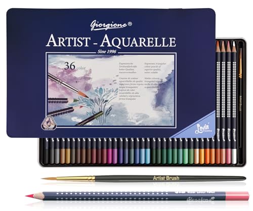 Surcotto Aquarellstifte - 36 wasservermalbare Buntstifte, wasserlösliche Buntstifte für Kinder und Erwachsene | wasserbasiert, sanfte Farben, mit Blechdose und feinem Pinsel, 36-teilig, dreikant