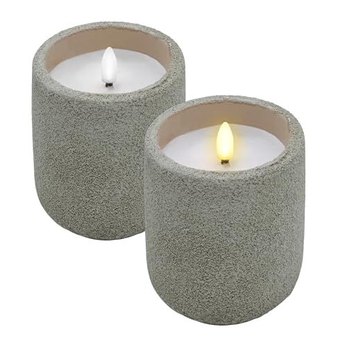 Spetebo LED Kerze im Keramik Becher mit Beton Optik 10 x 9 cm - 2er Set - Dekokerze Batterie betrieben mit Timer Funktion - Deko Stimmungslicht k&uuml;nstliche Flamme mit Flacker Effekt f&uuml;r Innen