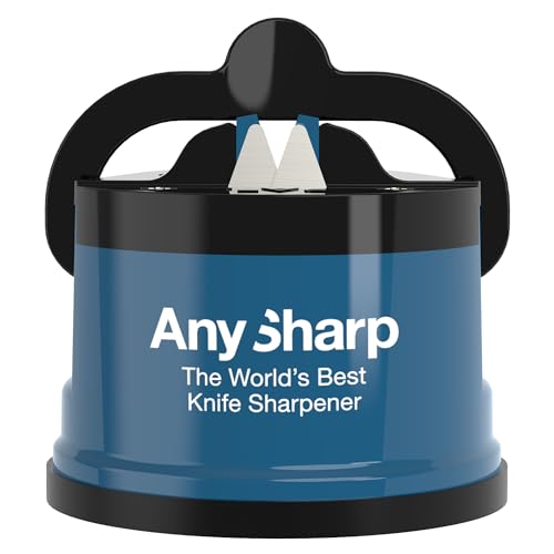 AnySharp Messerschärfer, Freihändige Sicherheit, PowerGrip Saugnapf, Sicheres Schärfen aller Küchenmesser, Ideal für gehärteten Stahl & Wellenschliff, Weltbeste Qualität, Kompakt, Blau