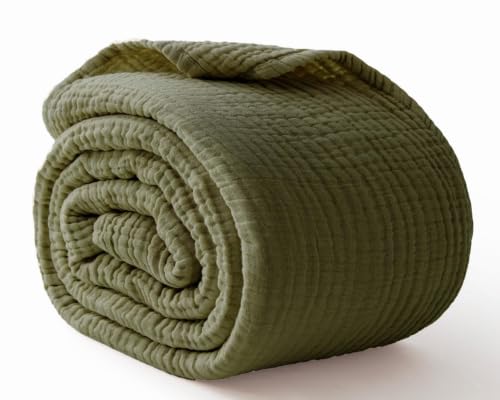 Image of 100% Cotton Muslin Blanket Large 50 inch x 70 inch, Breathable and Lightweight Cotton Throw Blankets for Bed and Couch, Soft Cooling Summer Gauze Blanket for Adults All Season, Olive Green
