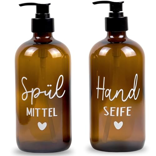 Glas Seifenspender 500ml - Schwarzer Pumpspender, Spülmittelspender für Küche. Handseifenspender für Badezimmer (Braun, Spülmittel + Handseife)