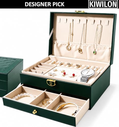 Image of PU Leather Jewelry Box Organizer for Women with Lock & Key, 2 Layer Jewellery Storage Case with Drawer, Ring Slots, Necklace Hooks & Earring Holder (Green)