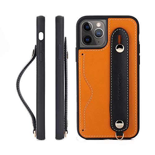 HANATORA IPhone 11Pro グリップケース レザー 本革 ストラップ付属 イタリア製牛革 ヌメ革 片手操作 カード収納 スタンド機能 メンズ レディース オレンジ/ブラック CGH-11Pro-Orange-BK
