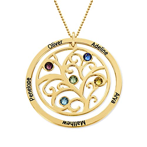 MYKA-Personalized-Family-Tree-Necklace-with-Engraved-Names-Birthstones-for-Woman-Mom-Her-Grandma-Custom-Jewelry-Gift-for-Mothers-Day-Xmas-Christmas-Birthday-Round-CZ-Stone-Pendant-925-Sterling-Silver-